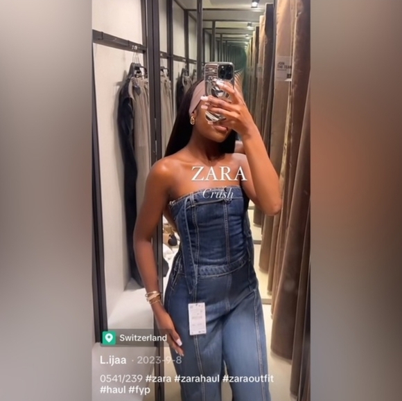 Zara TRF Strapless Dark Wash Denim Jumpsuit - Picture 5 of 6